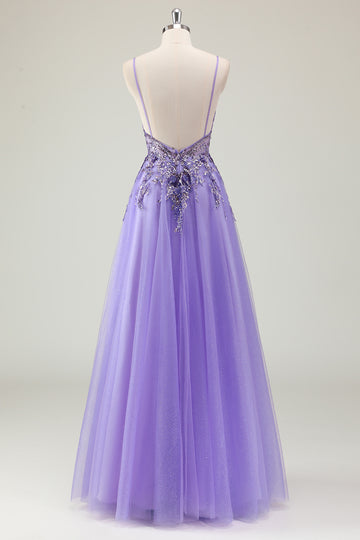 Purple Sequined Beaded Tulle A Line Prom Dress